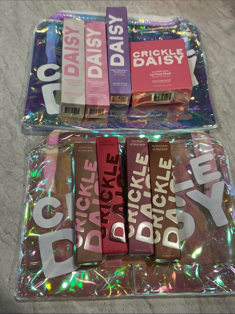 Bundle Crickle Daisy Lip Care Set in Pink + 2 Purple Holographic Pouch